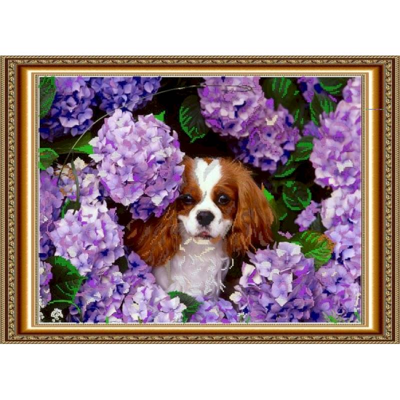 «Светлица» набор для вышивания бисером №062  «Щеночек в цветах» бисер Чехия 49,9x36,1 см