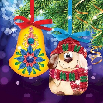 Новогодняя вышивка лентами на елочной подвеске 'Собачка и колокольчик',основа 25x35 см Новогодняя вышивка лентами на елочной подвеске 'Собачка и колокольчик',основа 25x35 см